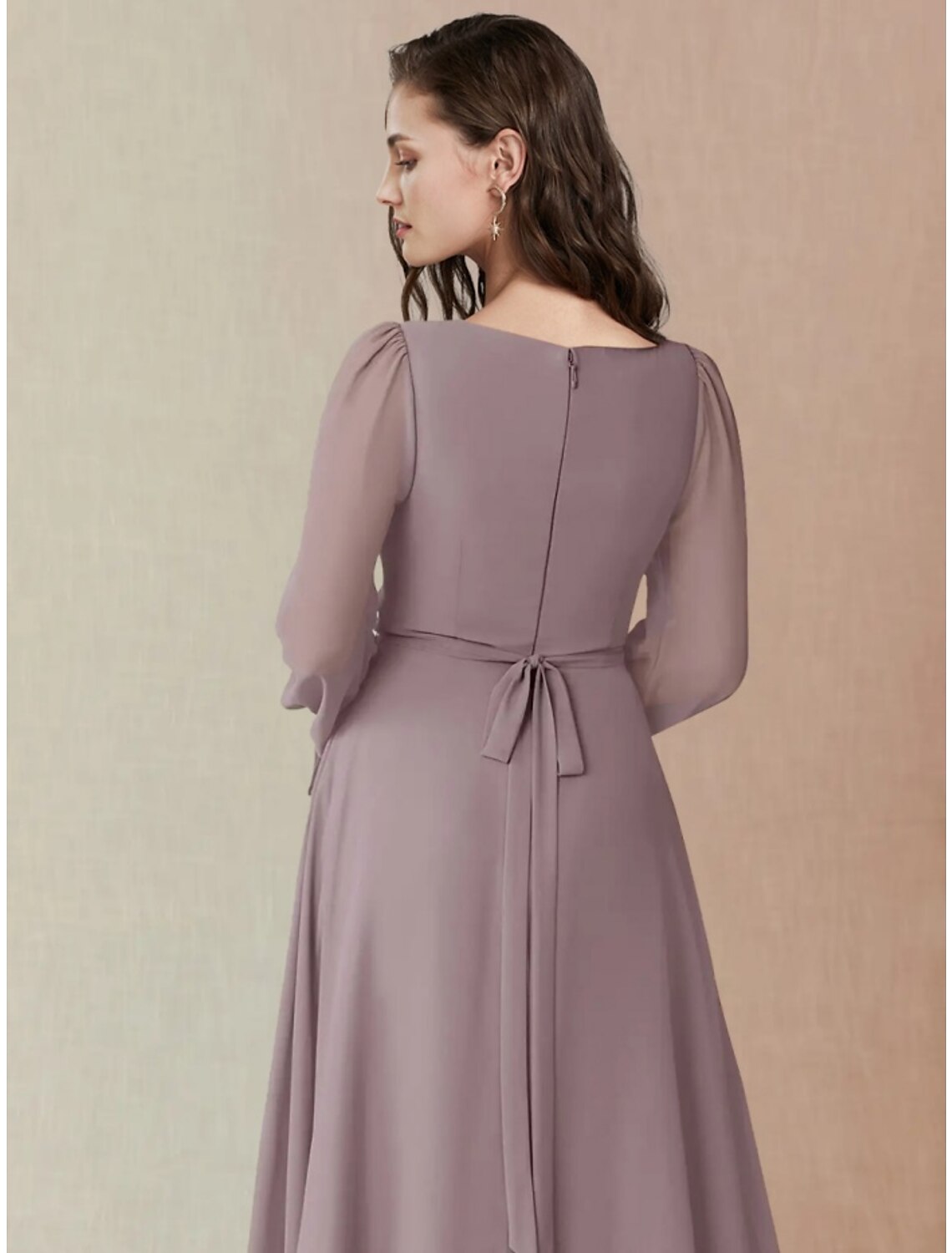 Luolandi A-Line Bridesmaid Dress Square Neck Long Sleeve Elegant Floor Length Chiffon with Split Front